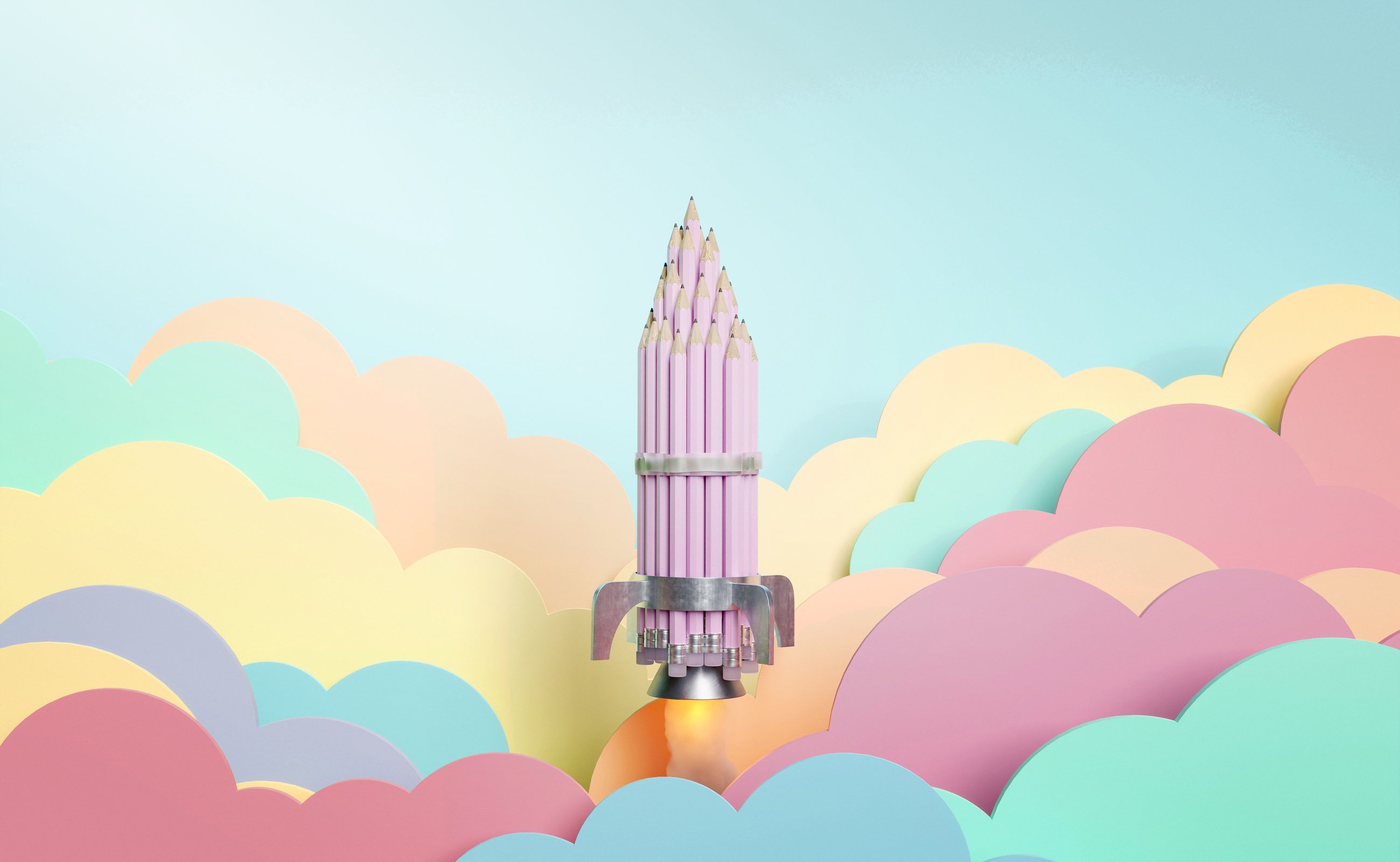 Rocket of Pencils Flying over Pastel Colored Flat Clouds